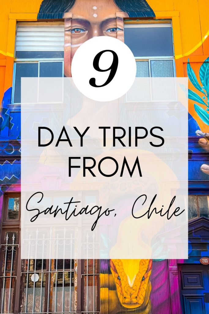 Bright colored street art mural of a girl with graph that says 9 day trips from Santiago Chile
