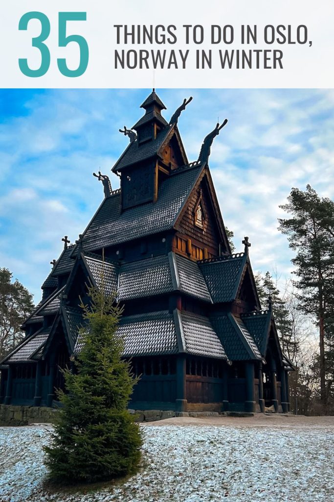 Stave Church in the snow with the title 35 Things To Do In Oslo, Norway In Winter above it
