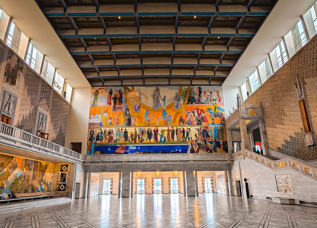 Grand foyer and murals in Oslo's City Hall