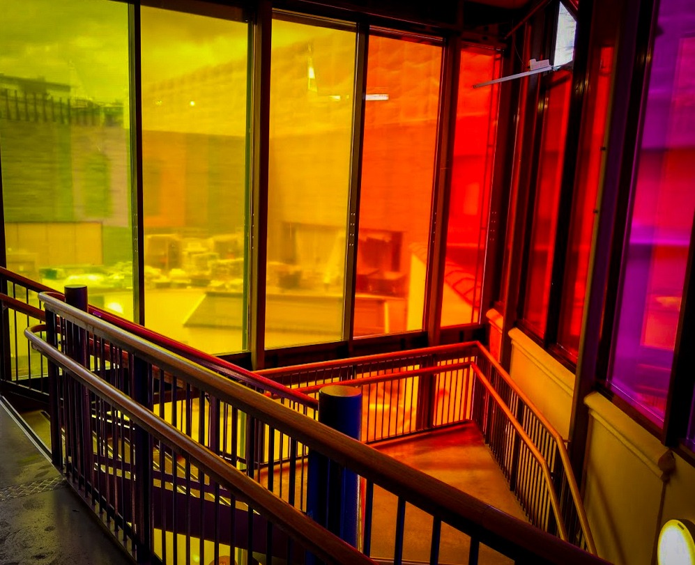 Rainbow colored windows at the Nobel Peace Center
