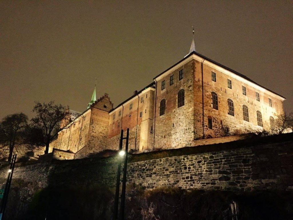 Akershus Fortress at night in Oslo, Norway
