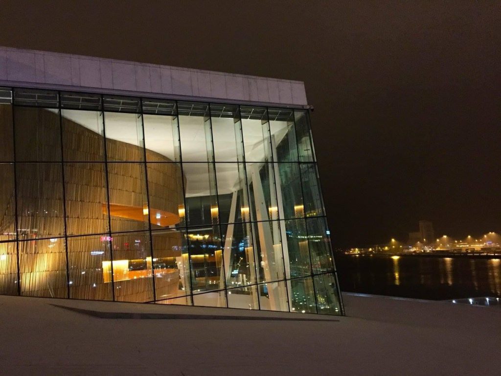 The Oslo Opera House at night in winter