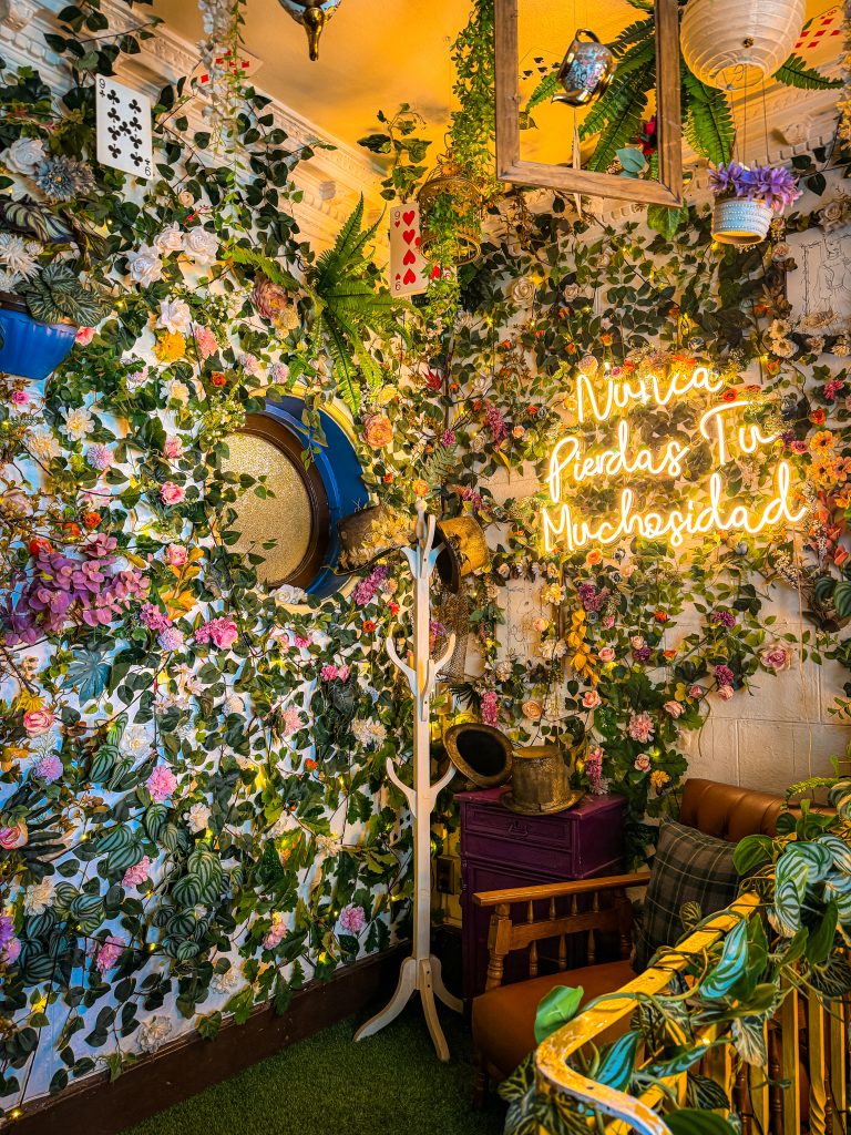overwhelming decorative wall in Alice in Wonderland themed café in Santiago, Chile