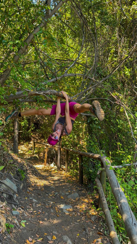 
Smiling woman hanging from a tree in an inverted position on a day hike from Santiago, Chile
