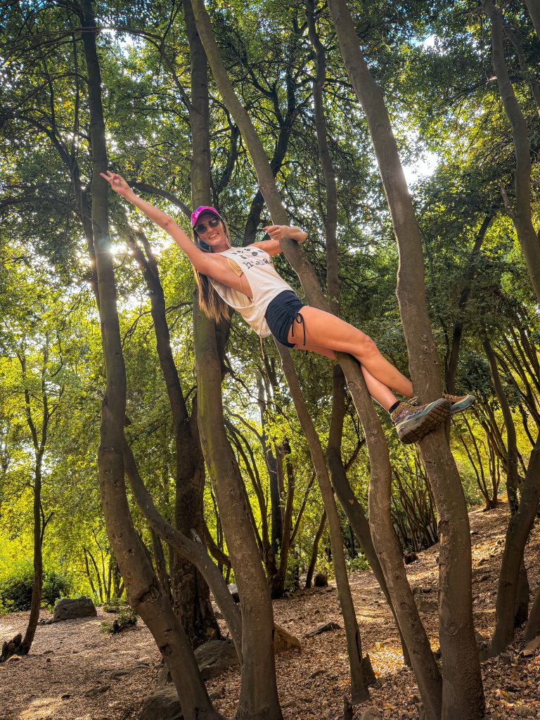 Woman climbing a tree at Quebrada de Macúl