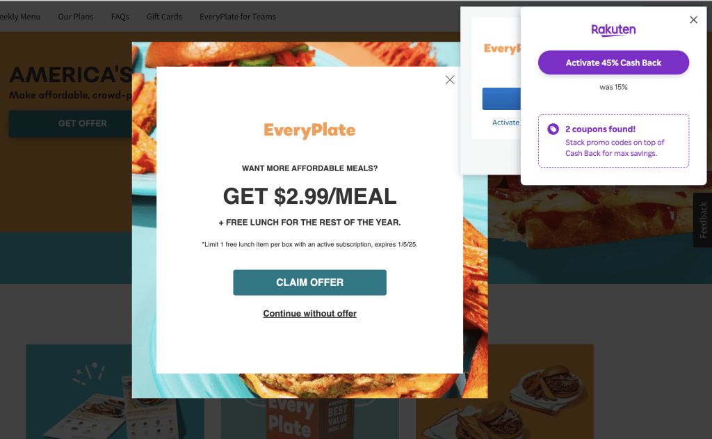 Rakuten offering of 45% cashback on when signing up for Everyplate