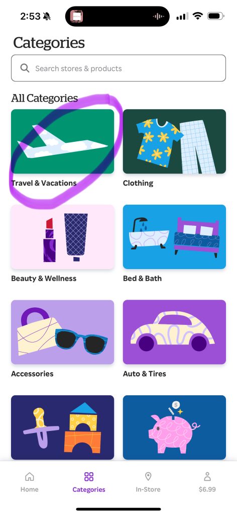 Screenshot showing the travel & vacations category on Rakuten