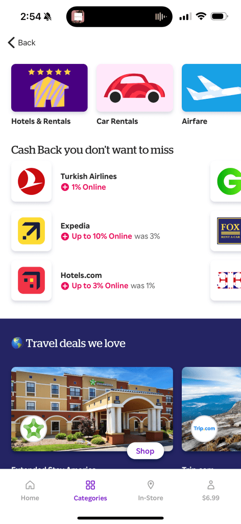 Screenshot showing cash back offers for travel bookings on Turkish Airways, Expedia, and hotels.com through Rakuten