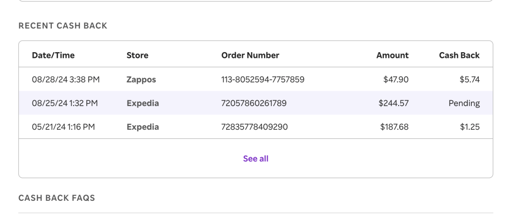 Screenshot of Rakuten cash back earnings for a travel booking showing as pending