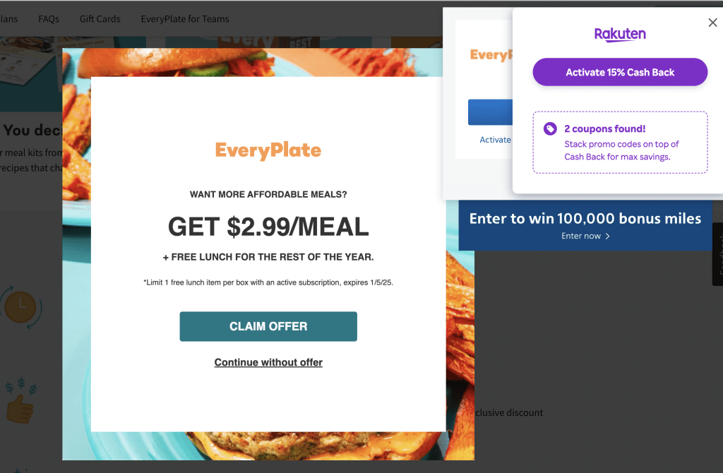 Rakuten browser extension shows the cash back offer for Every Plate meal box service