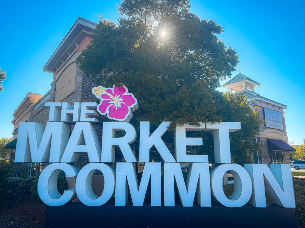 Sign for The Market Common in front of shops