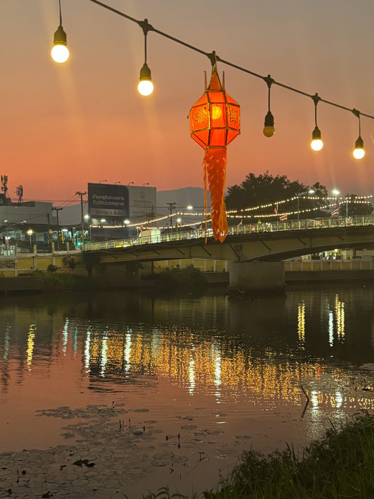 Thai lantern over river in Chiang Mai at sunset