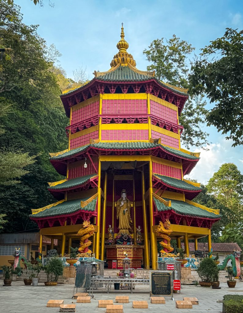 Colorful Chinese-style pagoda at the Tiger Cave Temple complex