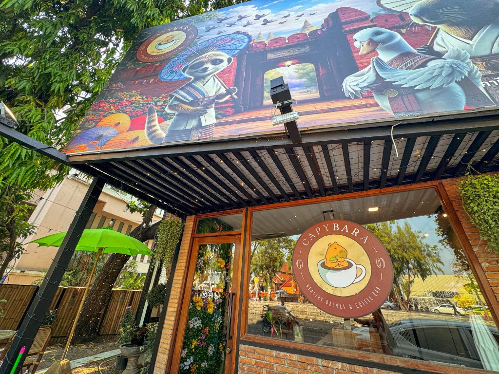 Exterior entrance and Capybara Cafe sign at Capybara Cafe Thailand in Chiang Mai.