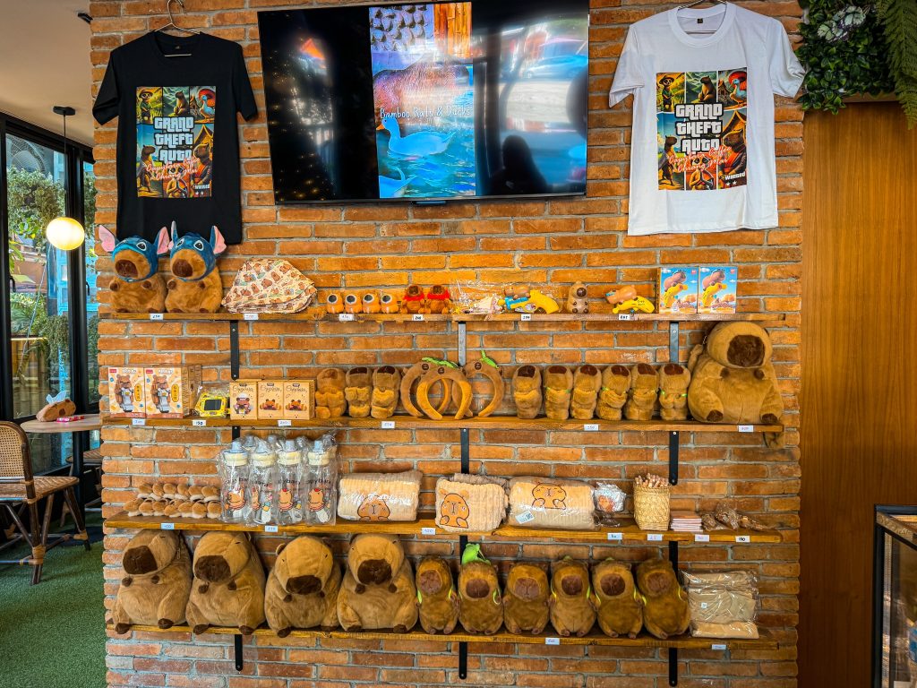 Shelves filled with capybara plush toys, souvenirs and merchandise inside Capybara Cafe Thailand.