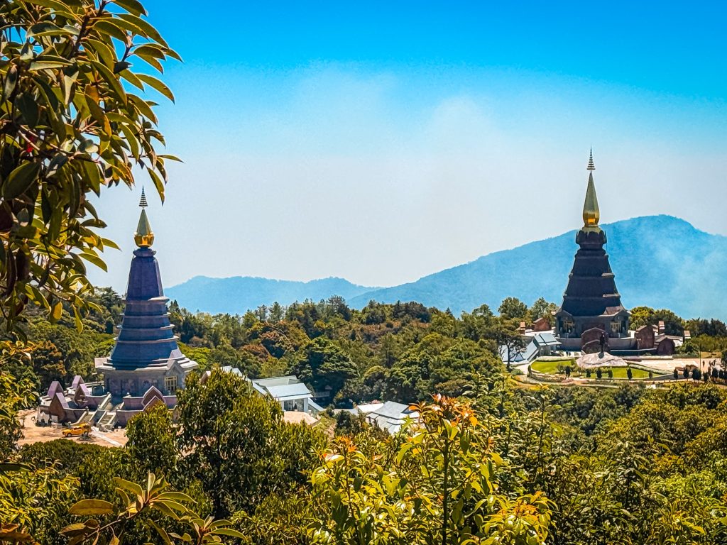 Royal Twin Pagodas surrounded by lush mountain forest in Doi Inthanon National Park near Chiang Mai, Thailand.
