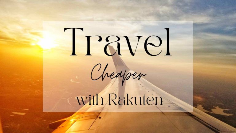 Airplane wing at sunset that say Travel Cheaper With Rakuten