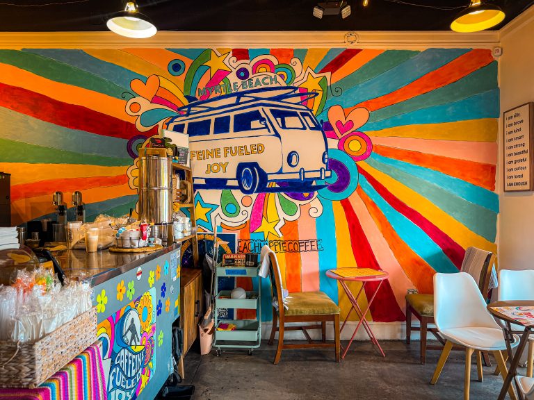 bright mural on wall of coffee shop in Myrtle Beach