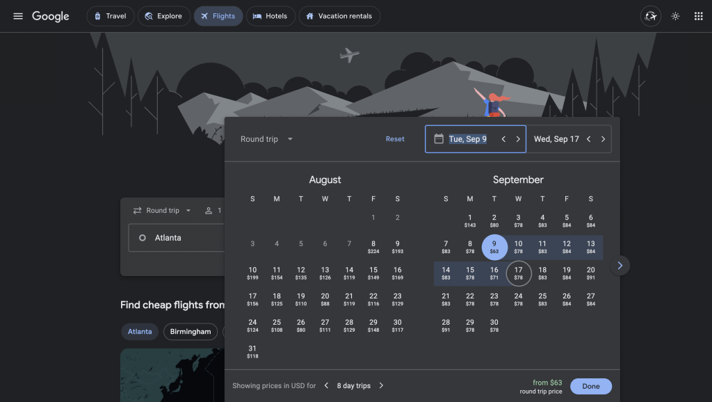 Screenshot of the calendar view on Google flights showing cheapest US flight prices per day