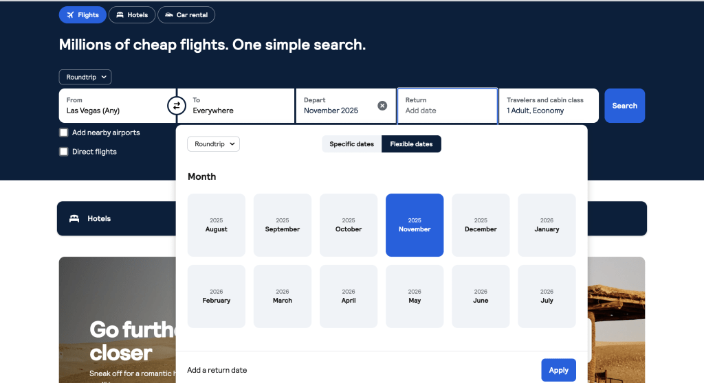 Screenshot of settings for finding the cheapest flights in the USA using Skyscanner