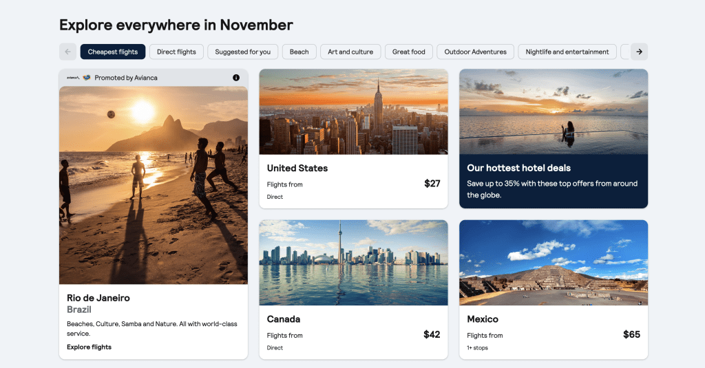 Screenshot of low priced flight destinations on Skyscanner