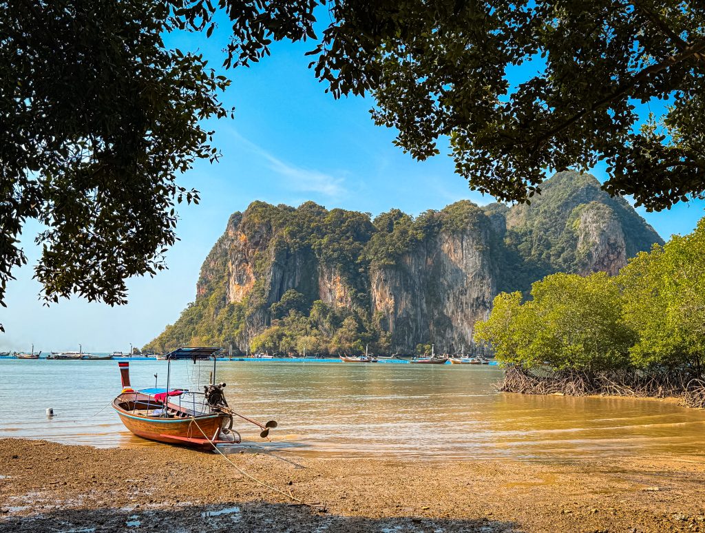 Wooden long tail boat in front of dramatic limestone cliffs in a bay