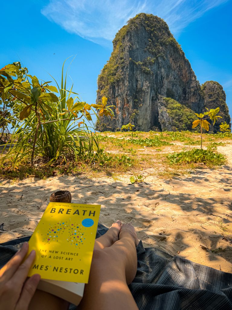Woman's legs with a book on top of them on the beach