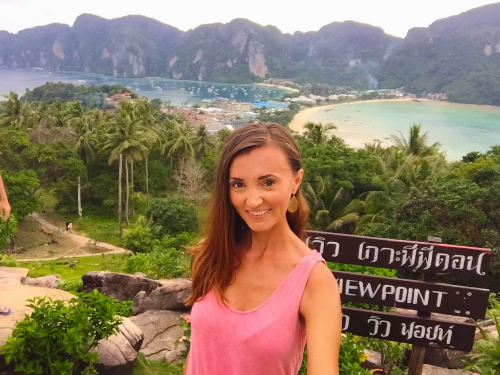 Woman at sunset over famous Koh Phi Phi viewpoint