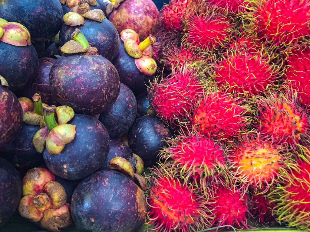 Fresh mangosteen and lychee at Thai market