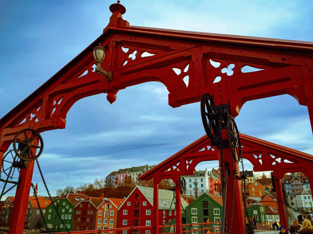 Red iconic bridge in Trondheim, Norway