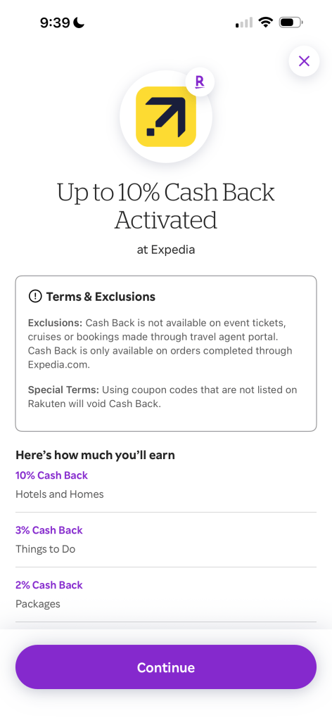 Screenshot showing 10% cash back on Expedia bookings through Rakuten