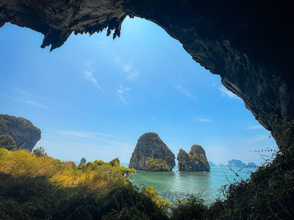 Panoramic view of limestone islands and turquoise water from Bat Cave above Phra Nang Beach.