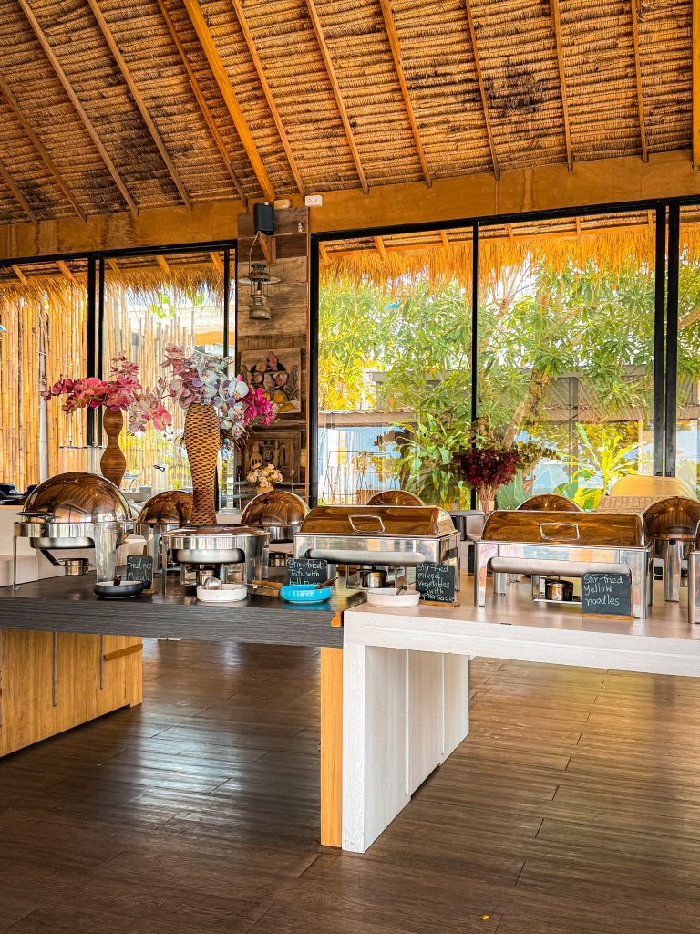Hot breakfast buffet with noodles and stir-fried dishes at Villa Cha-Cha Krabi.