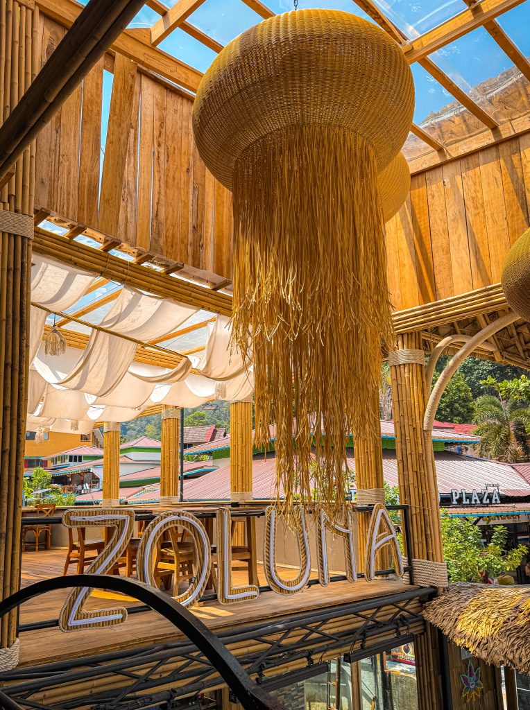 Bamboo interior and large woven hanging lights at Zoluna in Railay