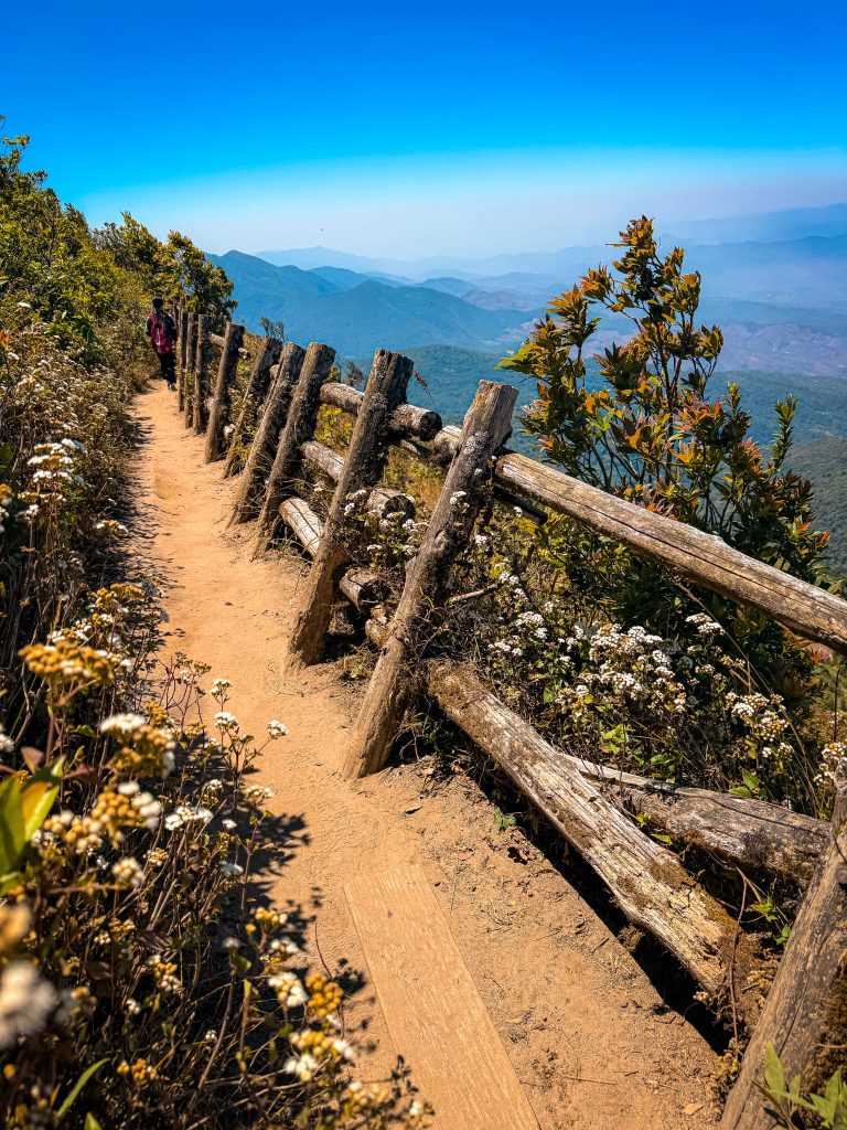 Trekker walking along the scenic Kew Mae Pan Nature Trail with layered mountain views in Doi Inthanon, Thailand.